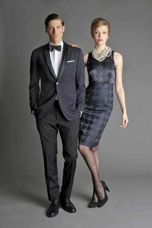 tux and black patterned dress