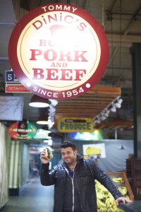 Adam Richman's Best Sandwich in America-Philadelphia-Host Adam Richman holding Tommy DiNic's Roast Pork Sandwich in front of Tommy DiNic's